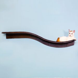 White and orange cat lying on a mahogany, wave-shaped Lotus Branch Cat Shelf mounted to a light blue wall.