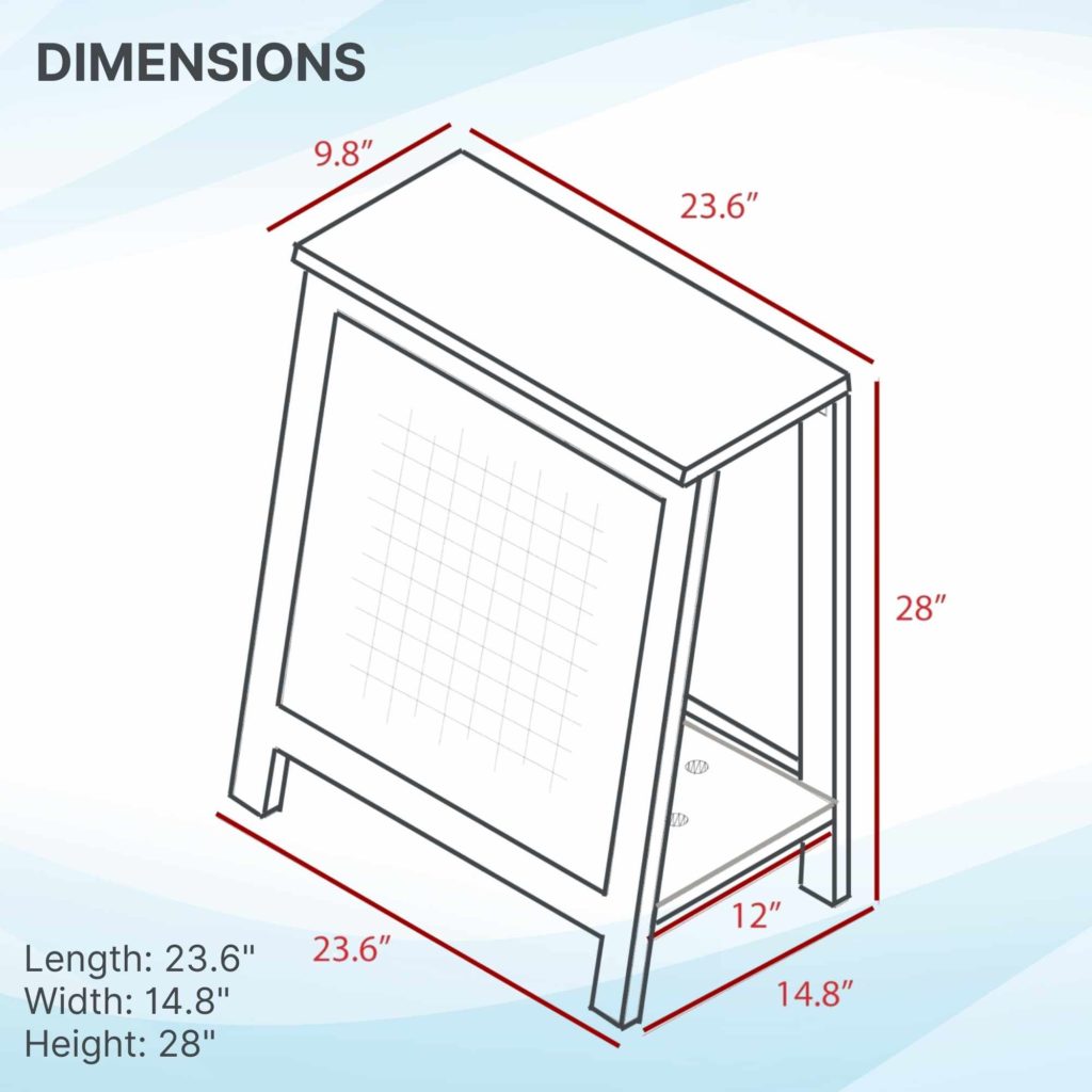A-frame cat bed, 23.6 inches long, 14.8 wide, 28 high; top surface depth 9.8 inches, lower shelf depth 12 inches.