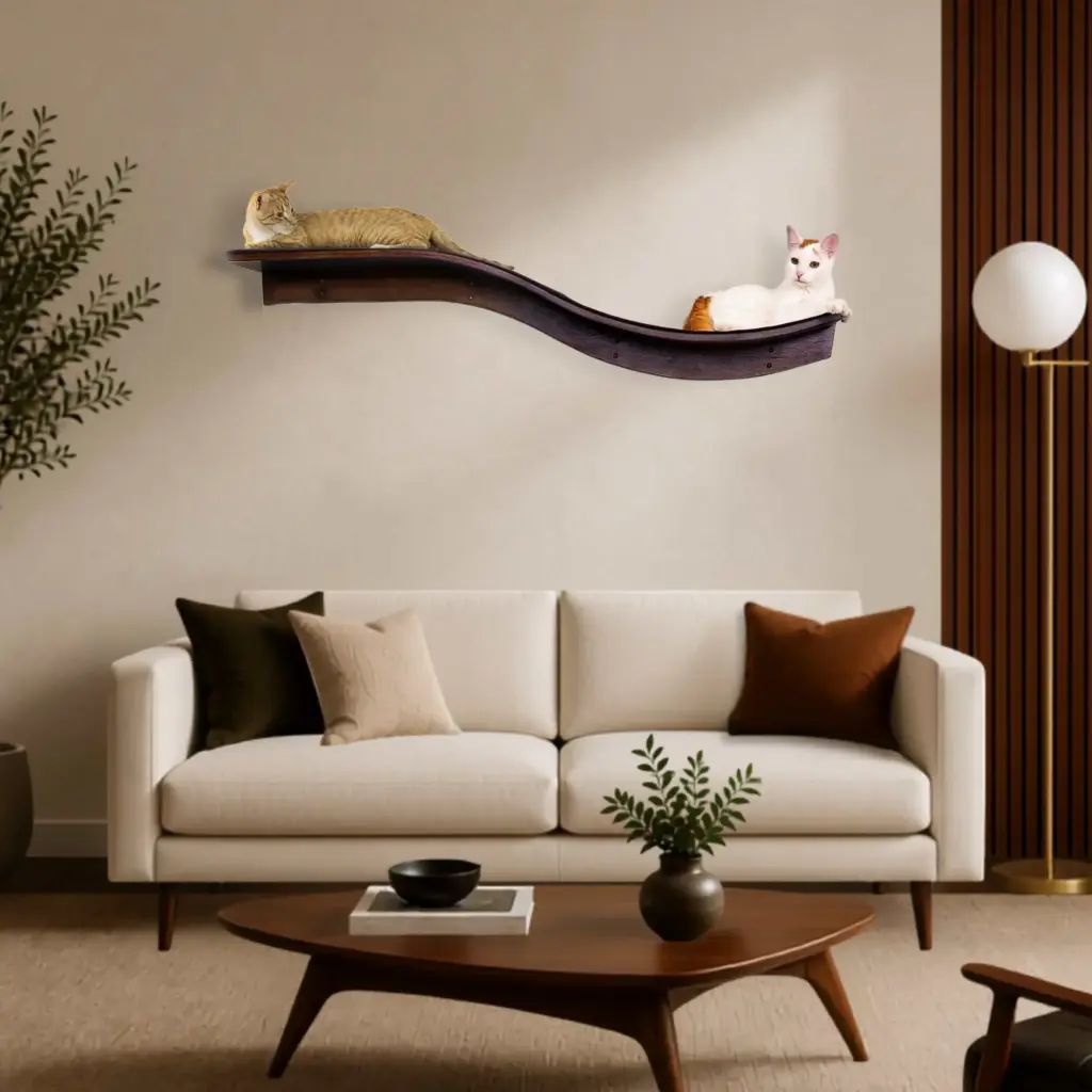 Two cats lounge on wall-mounted wooden cat shelves