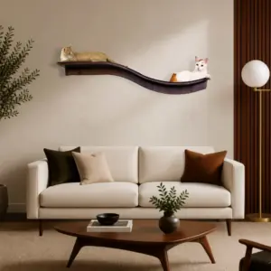 Two cats lounge on wall-mounted wooden cat shelves