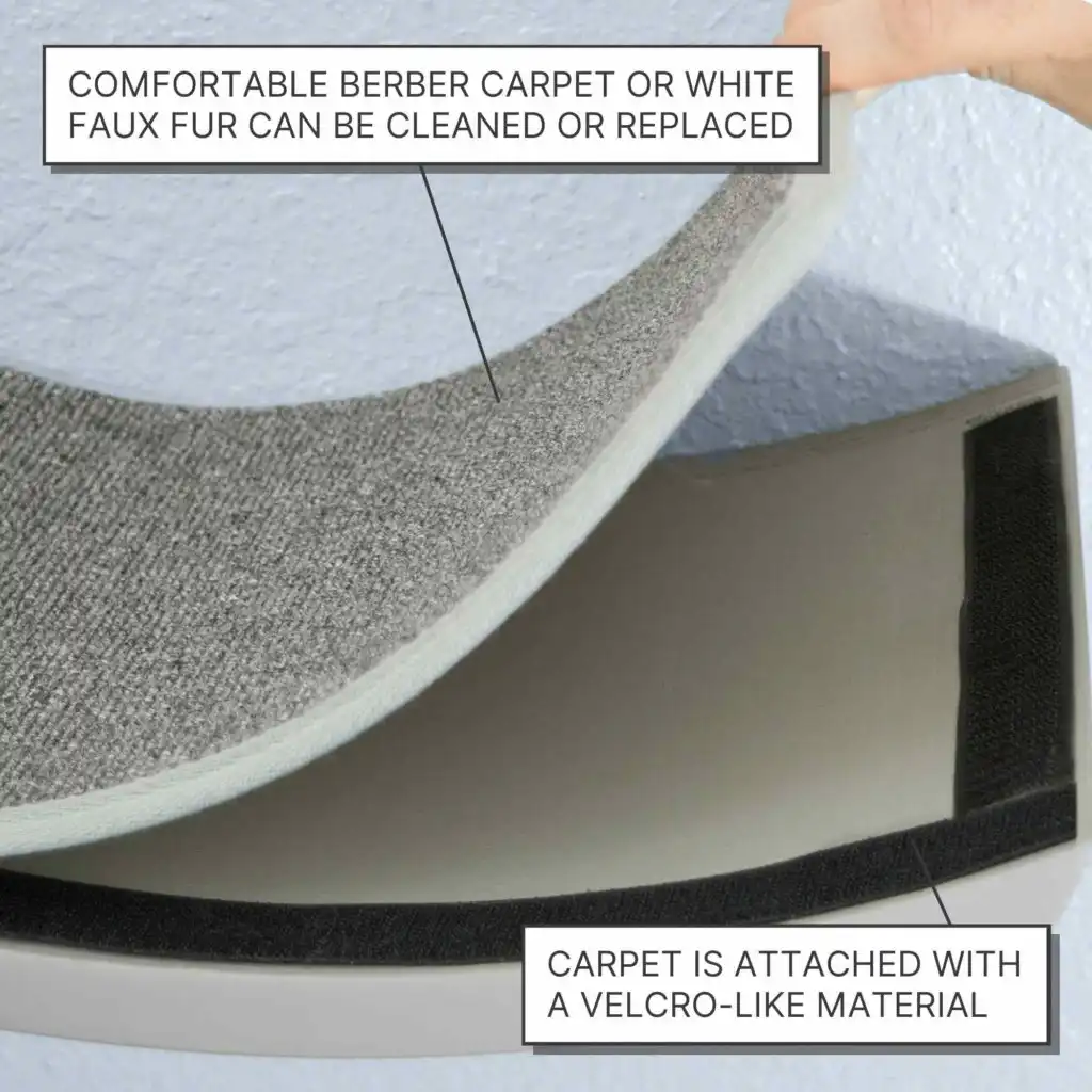 Grey carpet piece on Lotus Branch Cat Shelf, labeled to show Velcro-like attachment for easy removal and cleaning.