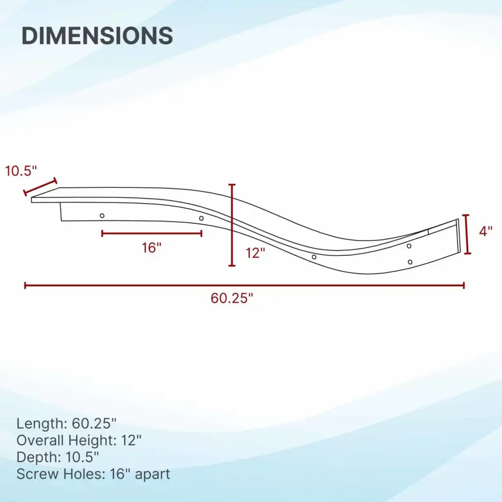 Side view diagram of Lotus branch cat shelf: 60.25" long, 12" high, 10.5" deep, screw holes 16" apart, end height 4".