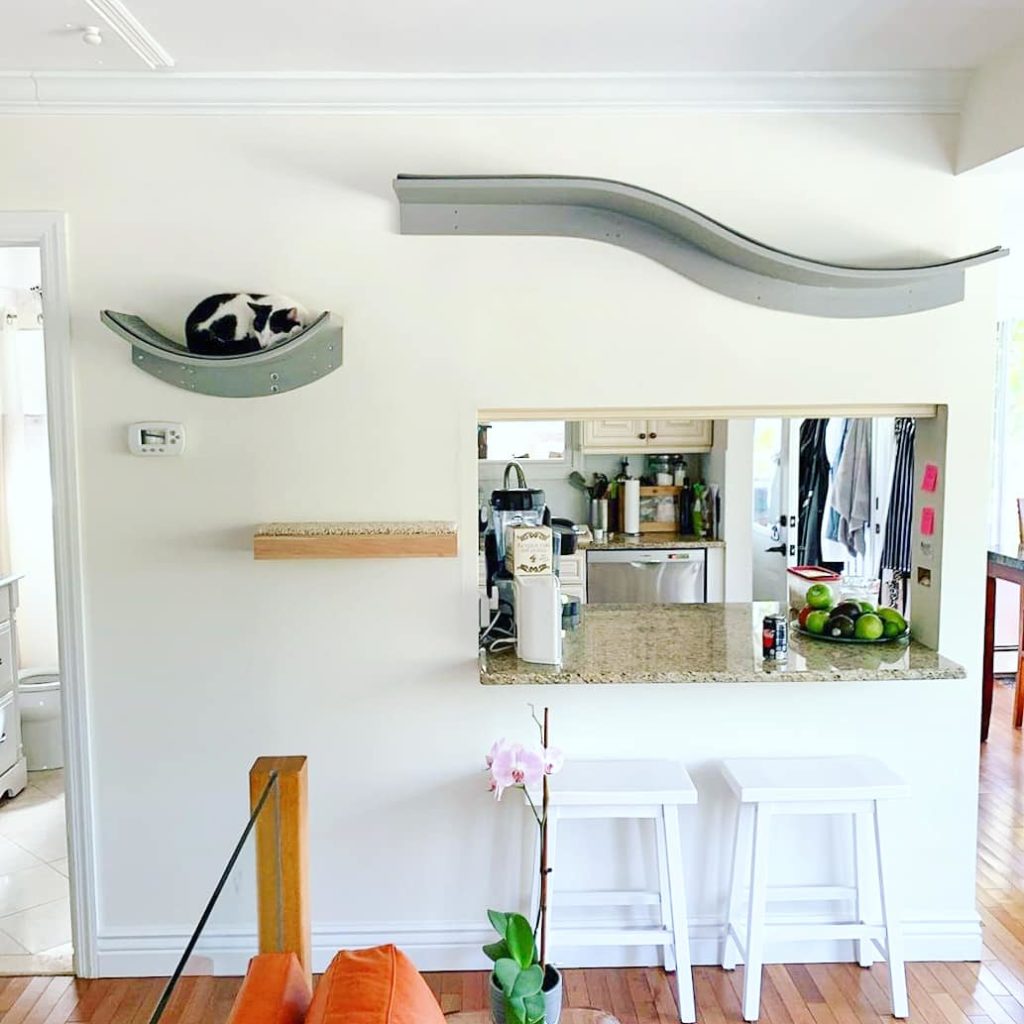 A black and white cat curls on a mounted cat shelf above a kitchen counter, with two white stools and another nearby shelf.