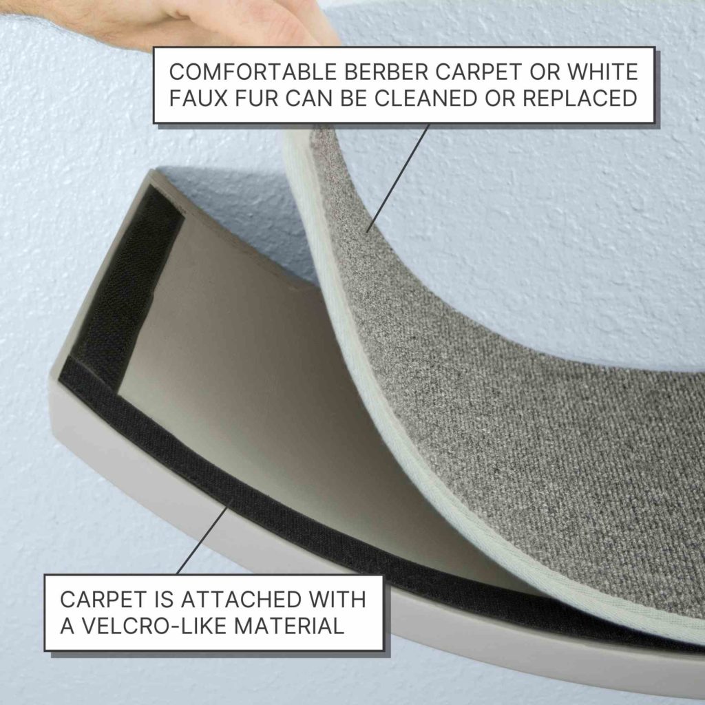 A hand lifts carpet on a Lotus Leaf Cat Shelf, showing Velcro-like fastener; labels note it's replaceable and easy to clean.