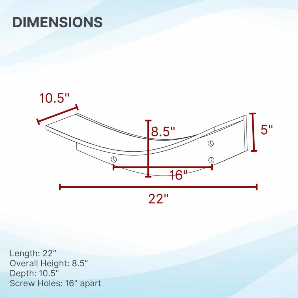 Lotus Leaf cat shelf diagram with dimensions: 22" length, 8.5" height, 10.5" depth in red, 16" screw hole width.