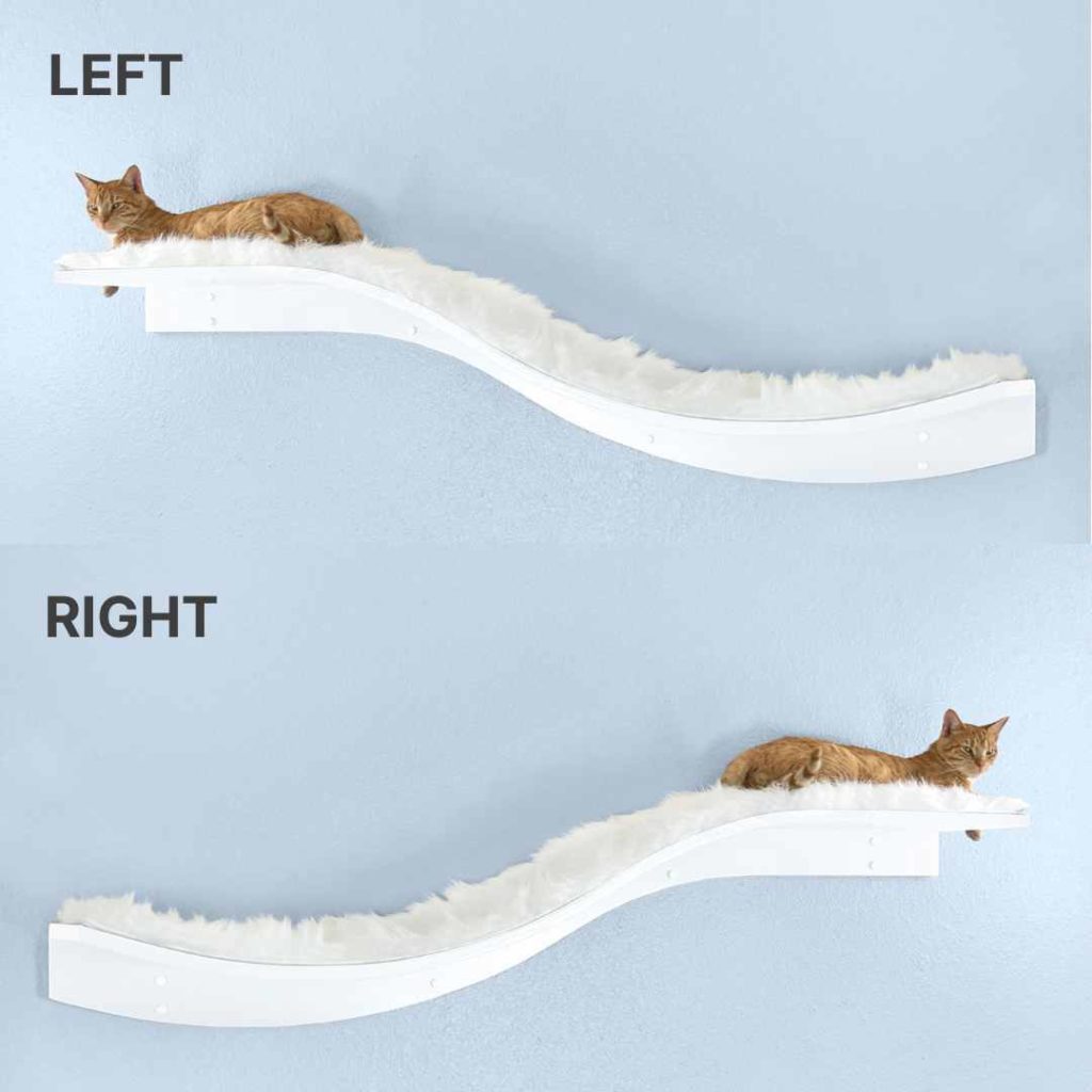 Cat on a white waved wall-mounted shelf with faux fur; facing left in top photo, right in bottom photo.