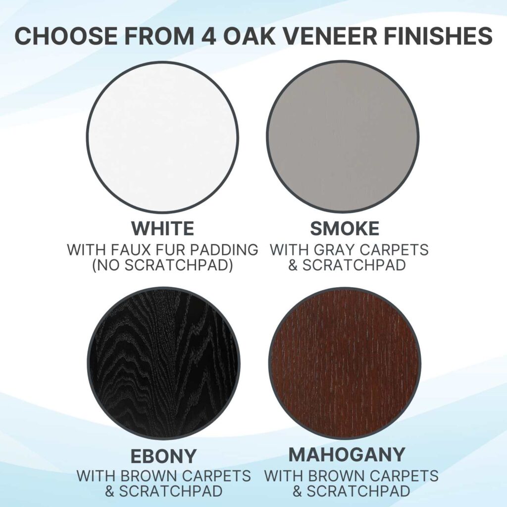 Lotus Tower in Ebony oak veneer with carpet and scratchpad, White with faux fur pad, Smoke, and Mahogany finishes.