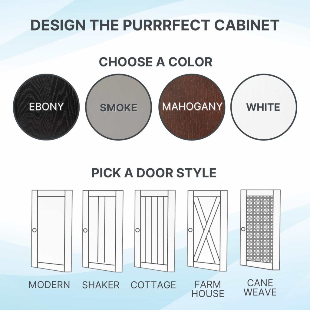 RSCLBC cabinet in Ebony, showing four colors (Ebony, Smoke, Mahogany, White) and five door styles; shelves match finish.