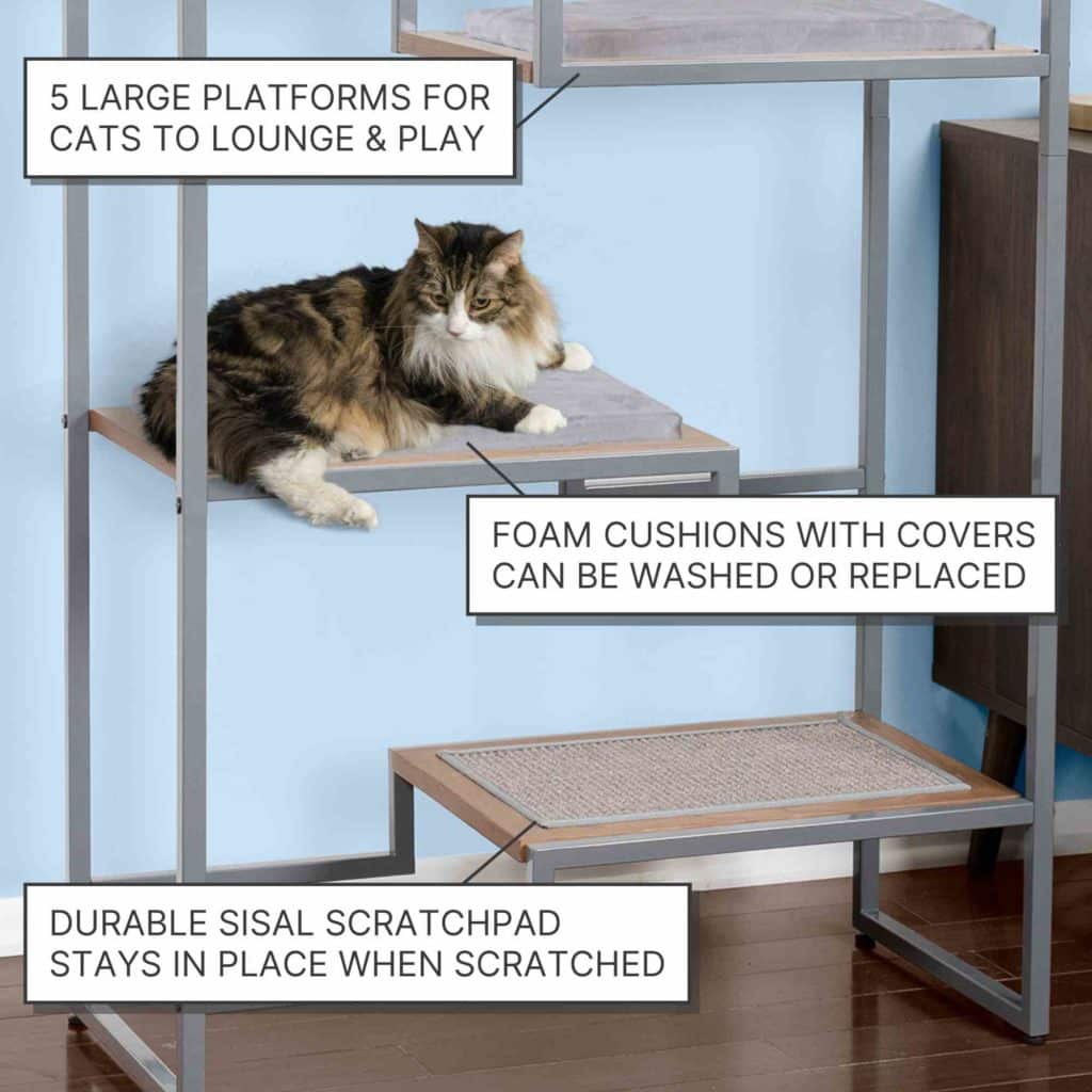 A long-haired cat lounges on a Metropolitan Cat Condo with foam cushions and a sisal scratchpad, labeled for features.