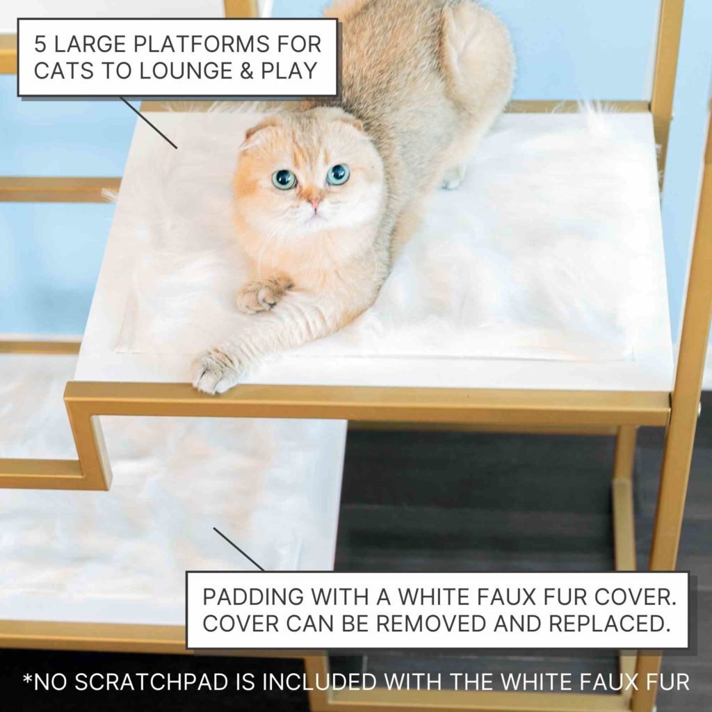 Cat relaxing on a gold multi-level cat condo with white faux fur padding and removable covers, no scratchpad included.