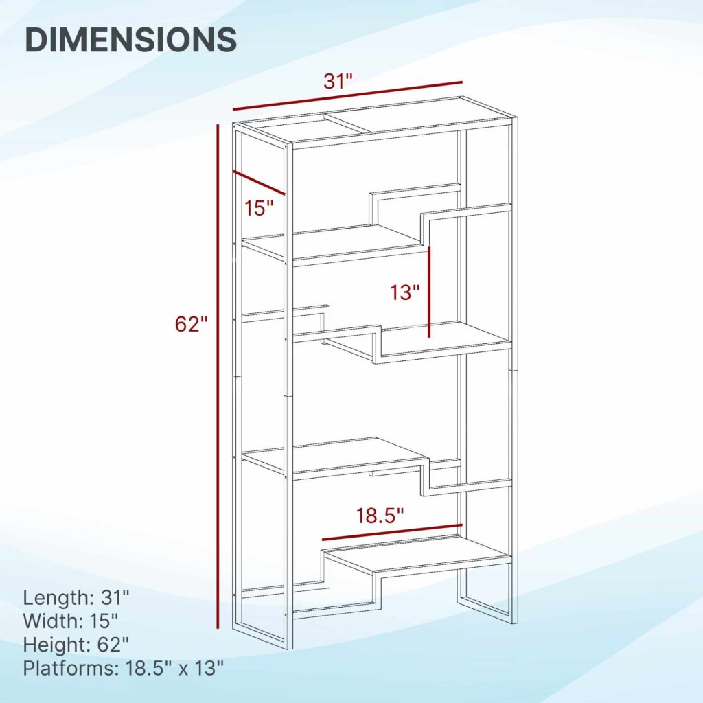 Line drawing showing Metropolitan Cat Condo, 62" tall, 31" wide, 15" deep; platforms are 18.5" by 13".