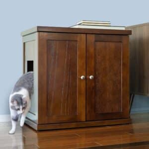 Gray and white cat steps out of a wooden cabinet-style litter box on a hardwood floor against a wall.
