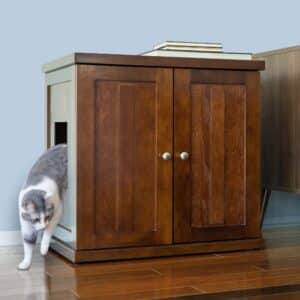 Gray and white cat steps out of a wooden litter box cabinet with double doors; books are stacked on top.