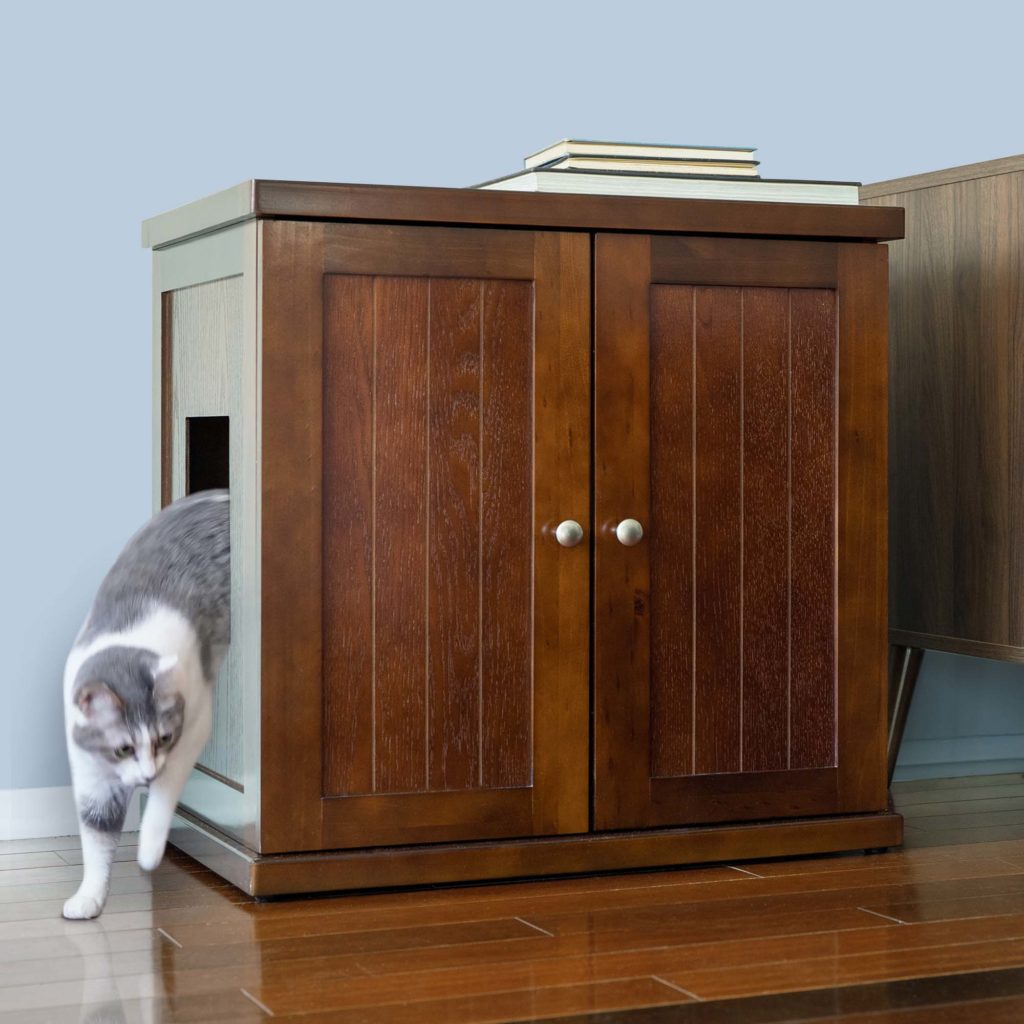 A cat steps out of a wooden cabinet-style litter box with books on top, placed on a hardwood floor.
