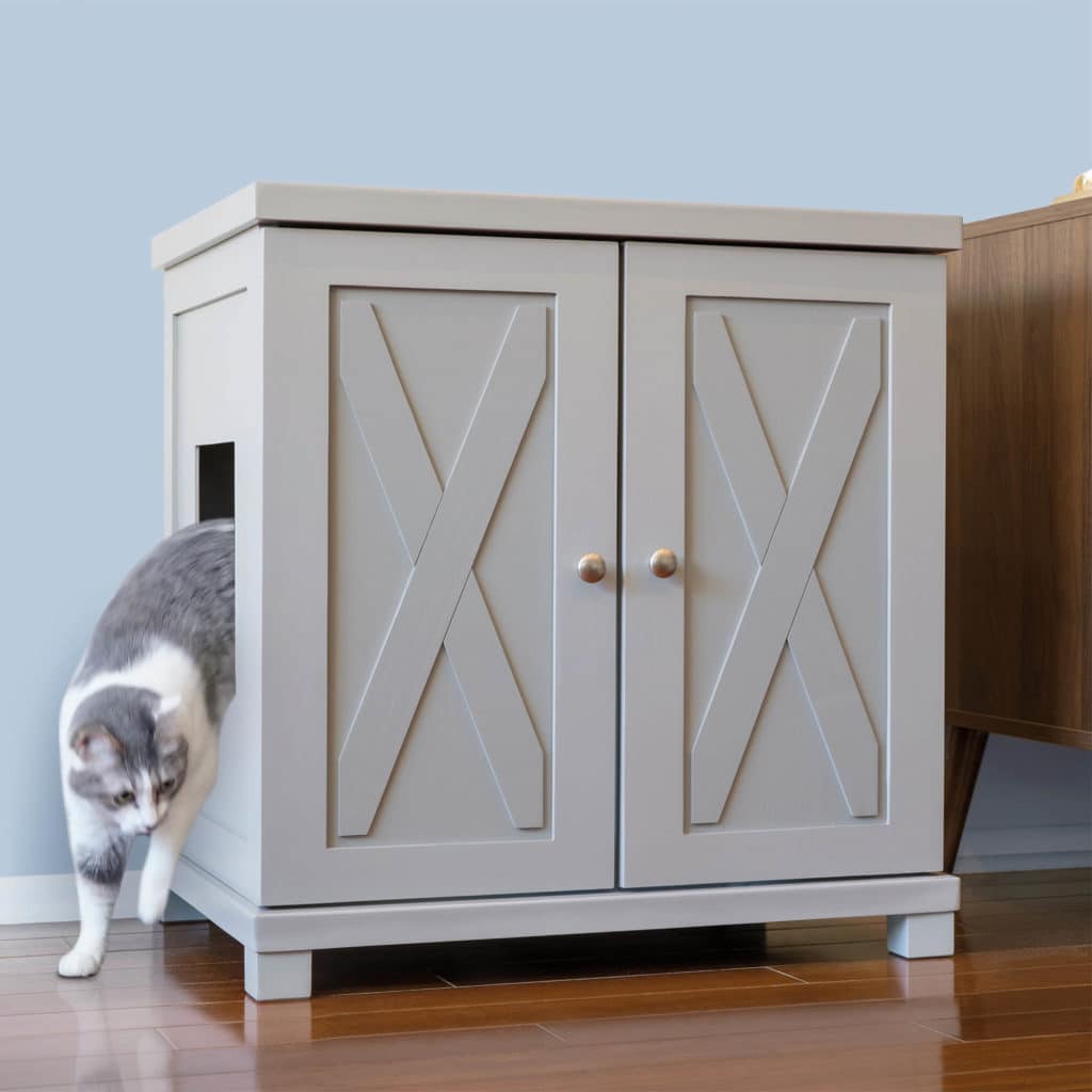 A cat exits a gray litter box cabinet with double X doors on a hardwood floor beside another wooden cabinet.