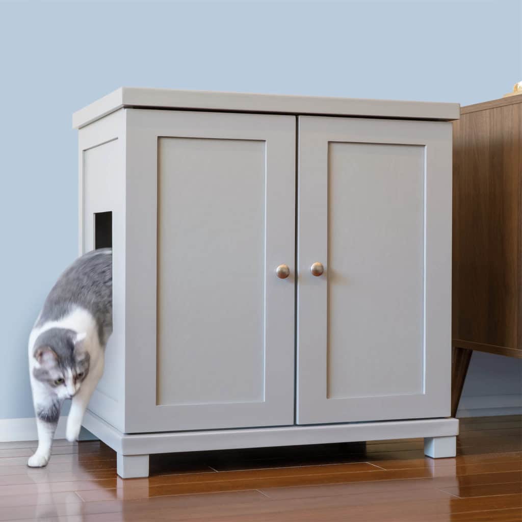 Gray and white cat steps out of a square opening in a light gray wooden cabinet with double doors.