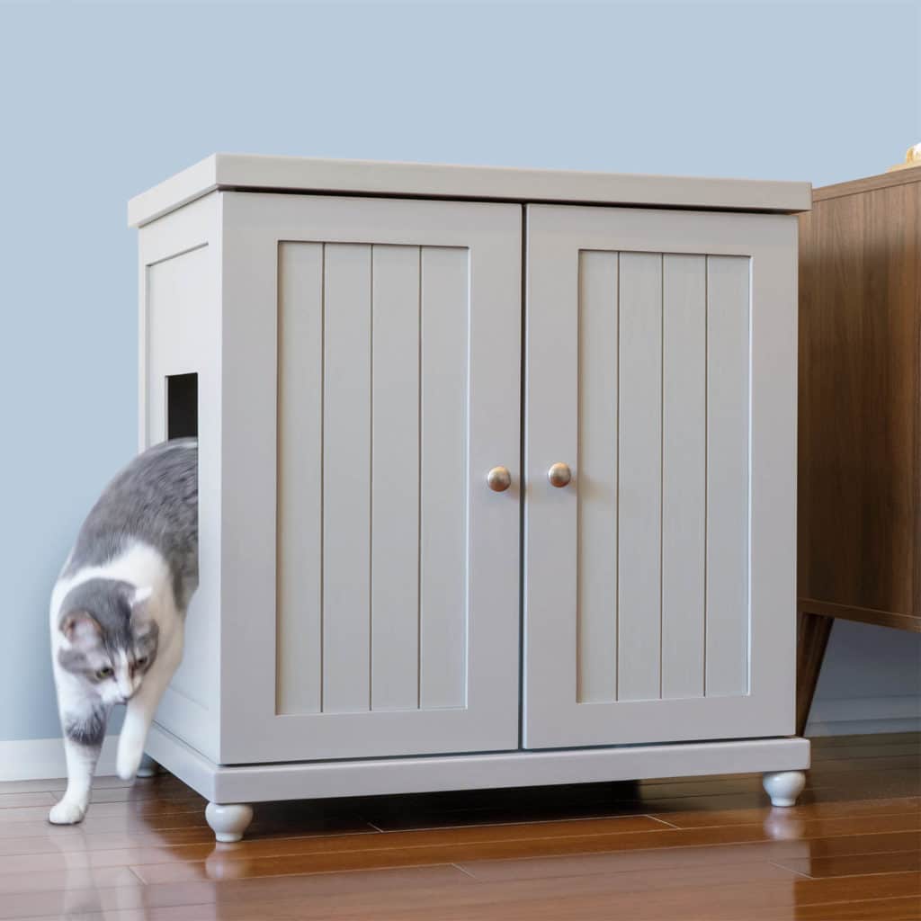 Gray and white cat steps out of a light gray cabinet-style litter box on a wooden floor.