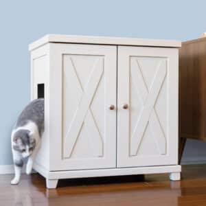 Gray and white cat stepping out of a white cabinet with X-panel doors onto a wooden floor.