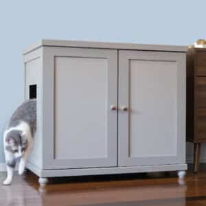 Gray and white cat walks out of a side opening in a light gray double-door cabinet on a wooden floor next to brown furniture.