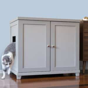 A gray and white cat steps out of a light gray wooden litter box cabinet that matches the wooden floor.