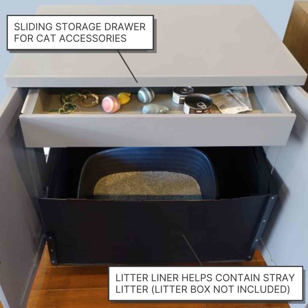 Cabinet with labeled sliding top drawer for cat accessories above a litter box enclosure and space for a litter liner.