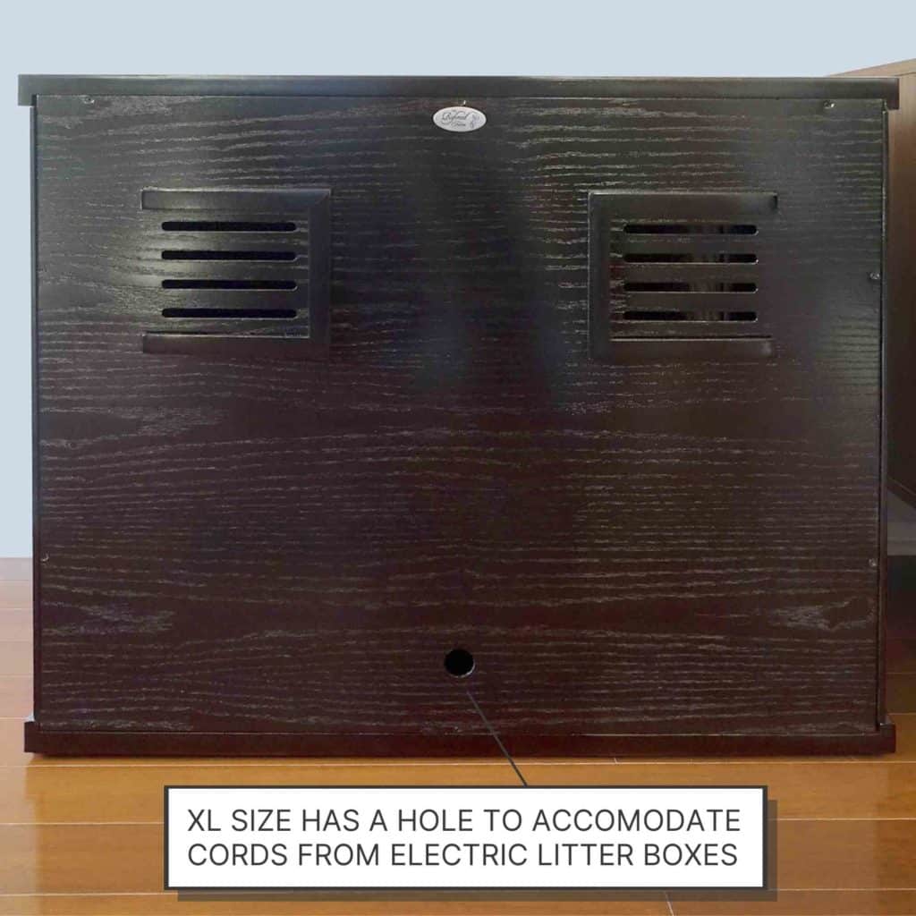 Dark wood Litter Box Cabinet, front view, with two vented panels and a bottom hole for electric litter box cables.