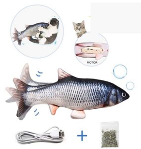Cats and dogs with a realistic fish-shaped toy; close-up of motor, USB cable, and catnip packet included.