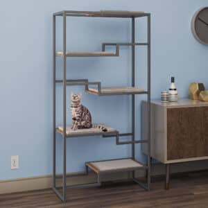 Gray tabby cat sits on the second shelf of a carpeted cat condo in a blue-walled, mid-century styled room.