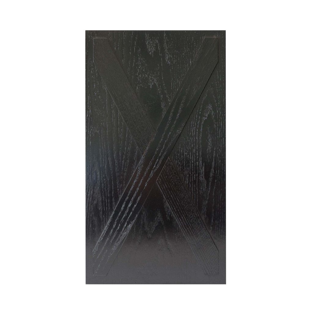 Deluxe black wood panel with raised X pattern and visible grain, designed as an elegant cat litter box front.
