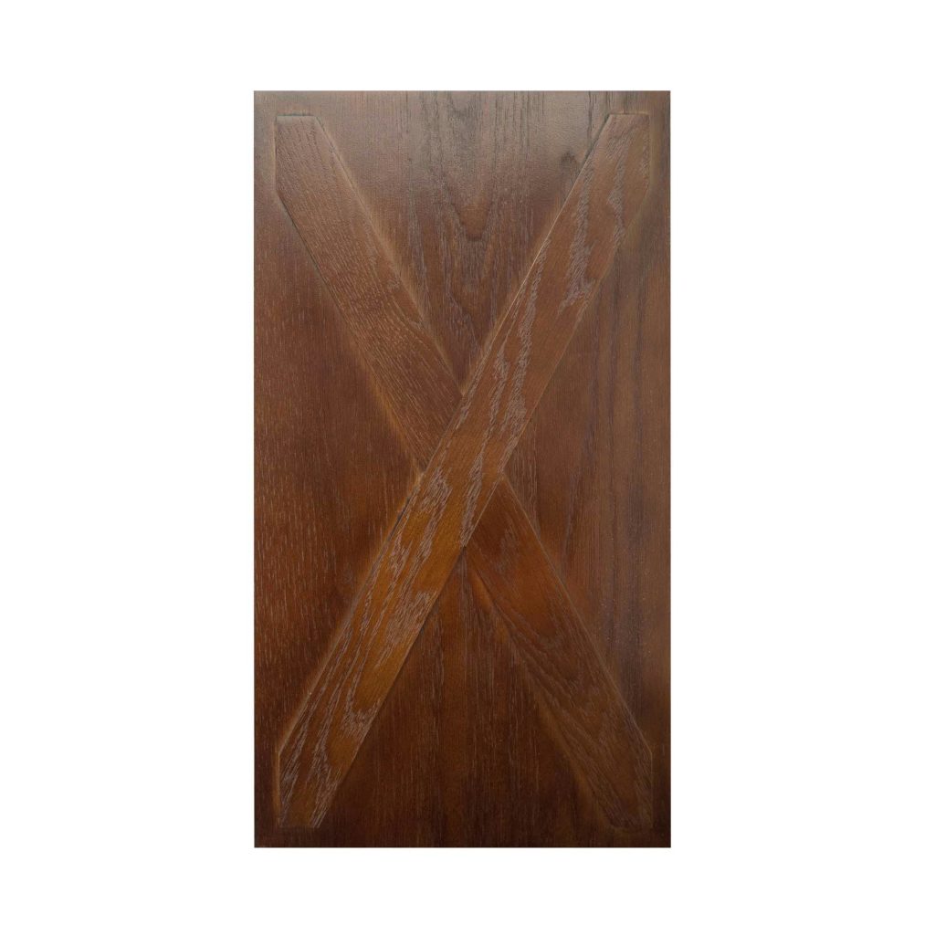 Rectangular dark brown wooden panel with raised X-shaped design, used as a decorative front for cat litter boxes.