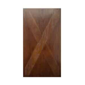 Rectangular dark brown wooden panel with raised X-shaped design, used as a decorative front for cat litter boxes.