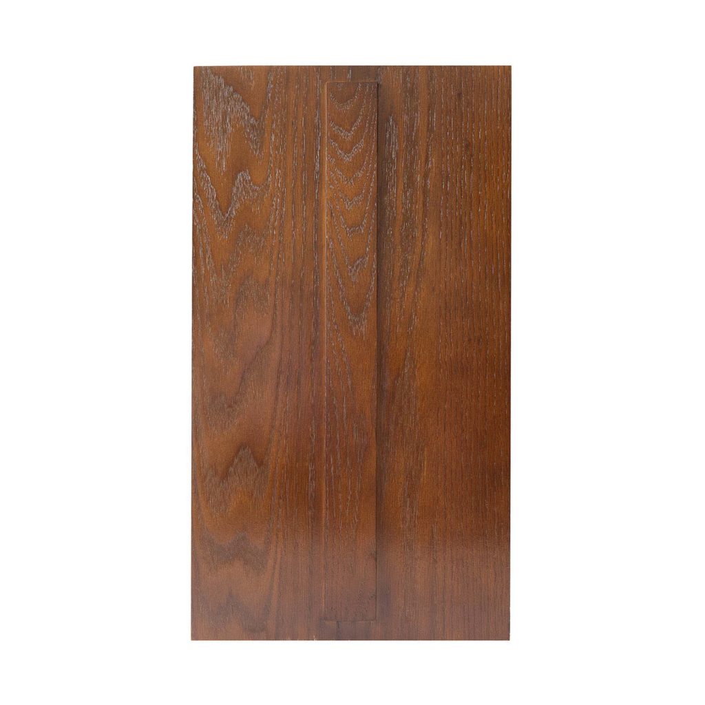 Rectangular wooden plank with mid-brown finish and visible wood grain on a plain white background.