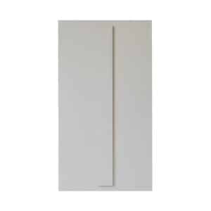 Tall, narrow white rectangle with smooth finish mounted vertically on a large plain white wall.