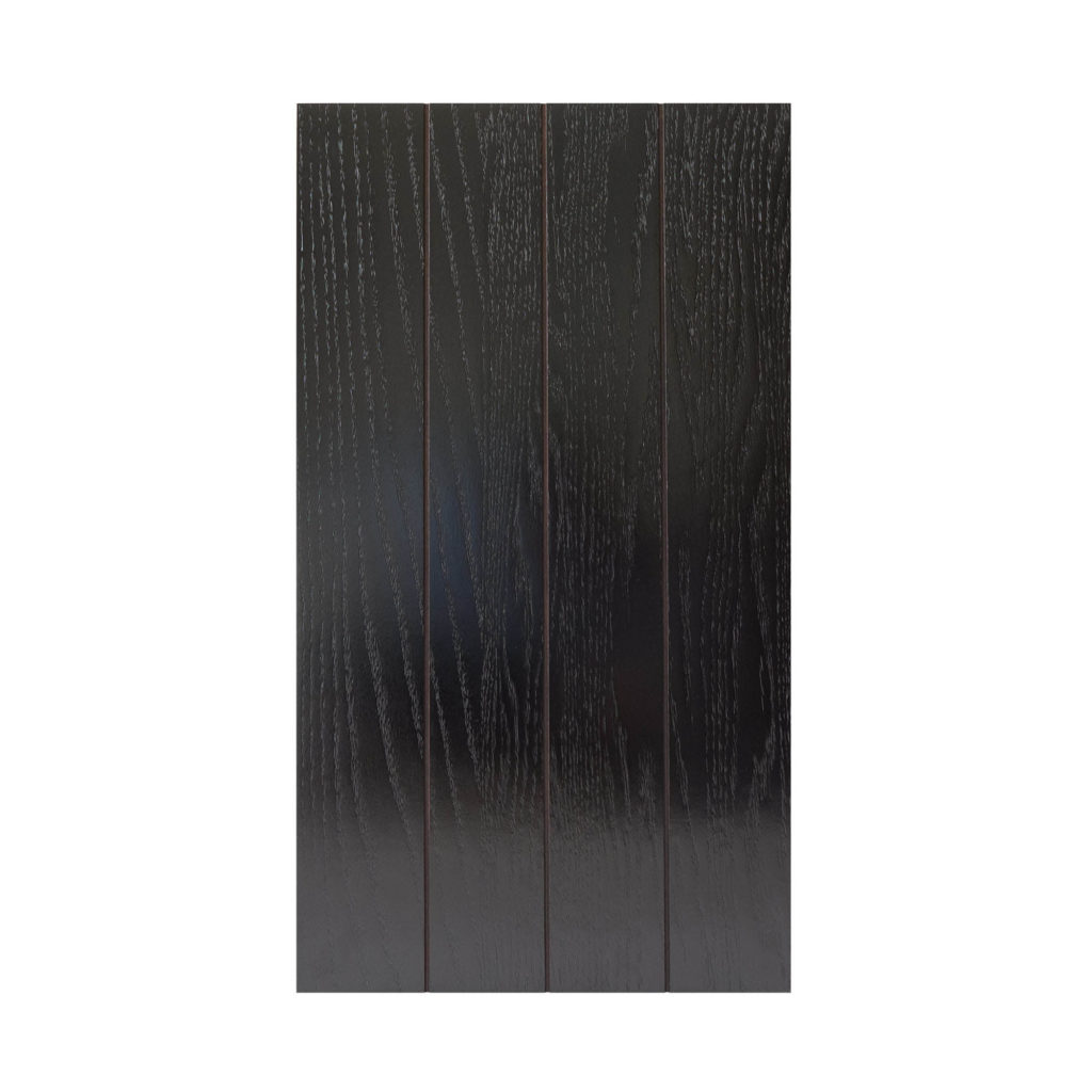 A black wooden front panel with visible grain and three narrow grooves, shown vertically against a white background.