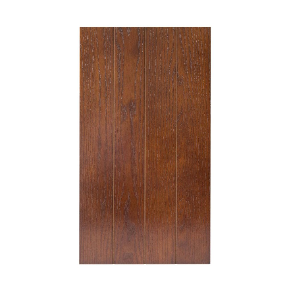 Rectangular wooden front panels with a dark brown finish and three vertical-grooved sections on a cat litter box.