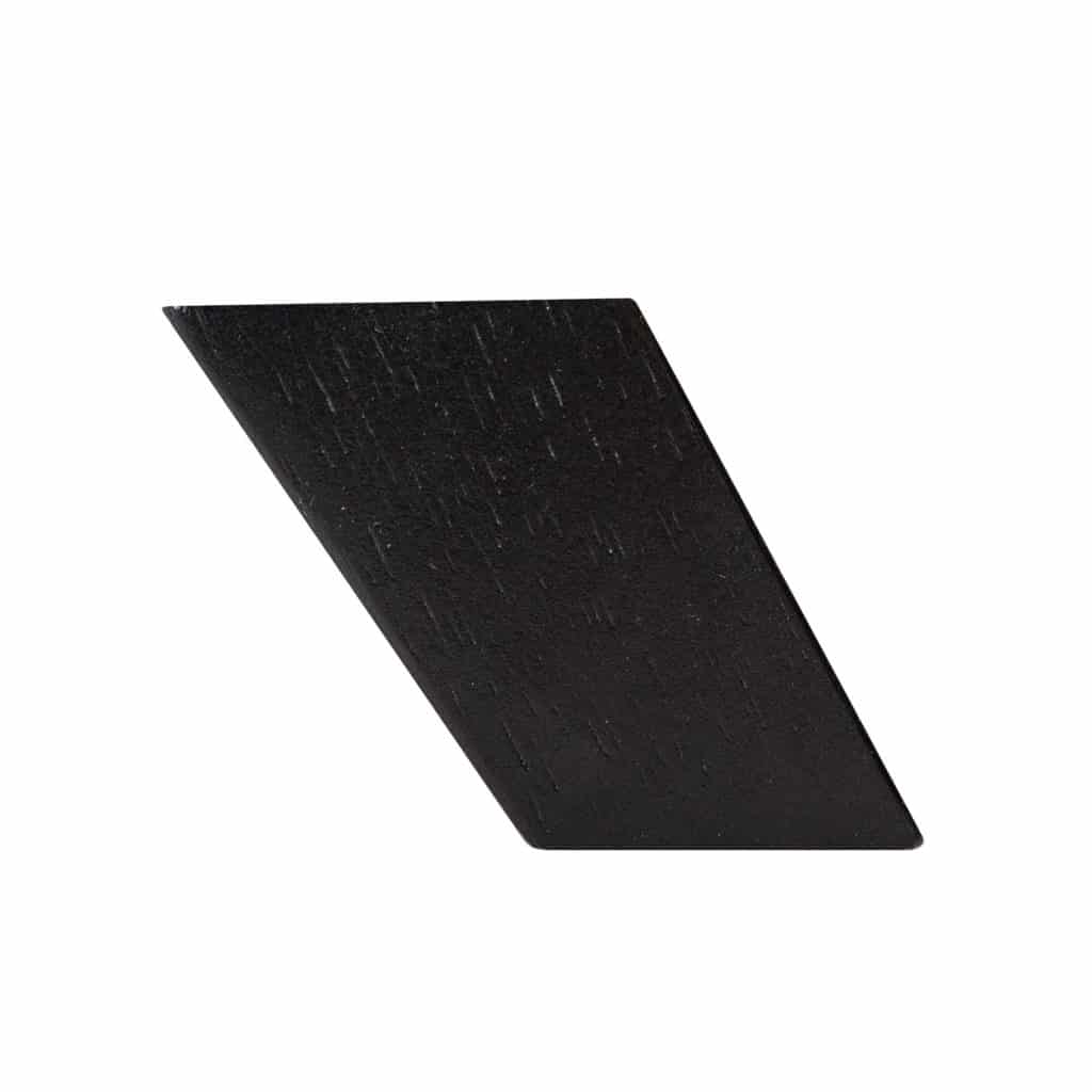 Rectangular flat black wooden plank with dark espresso finish, angled on a white background.
