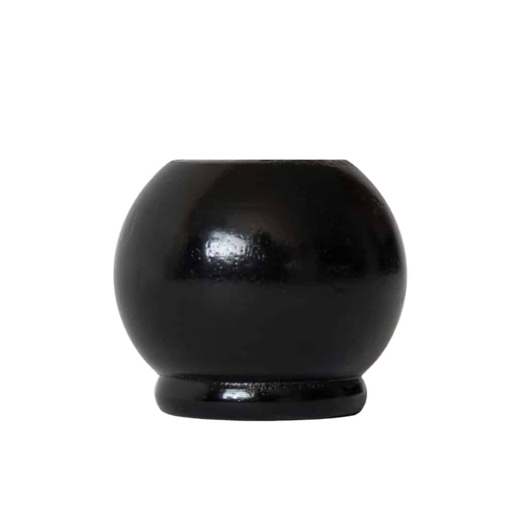 Glossy, round black ceramic pot with a dark espresso finish, small base, and smooth handle-free sides.