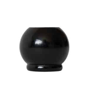 Glossy, round black ceramic pot with a dark espresso finish, small base, and smooth handle-free sides.