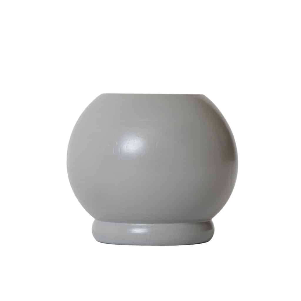 A round, smoke gray ceramic vase with a wide body and narrow base on a plain white background.