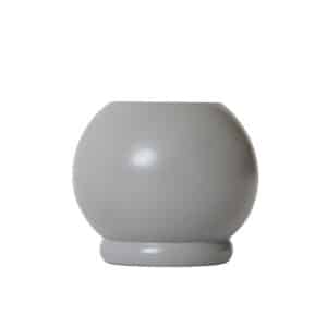 A round, smoke gray ceramic vase with a wide body and narrow base on a plain white background.