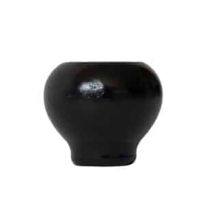 Small, round vessel with glossy black clay finish, wide body, and narrow base on a plain white background.