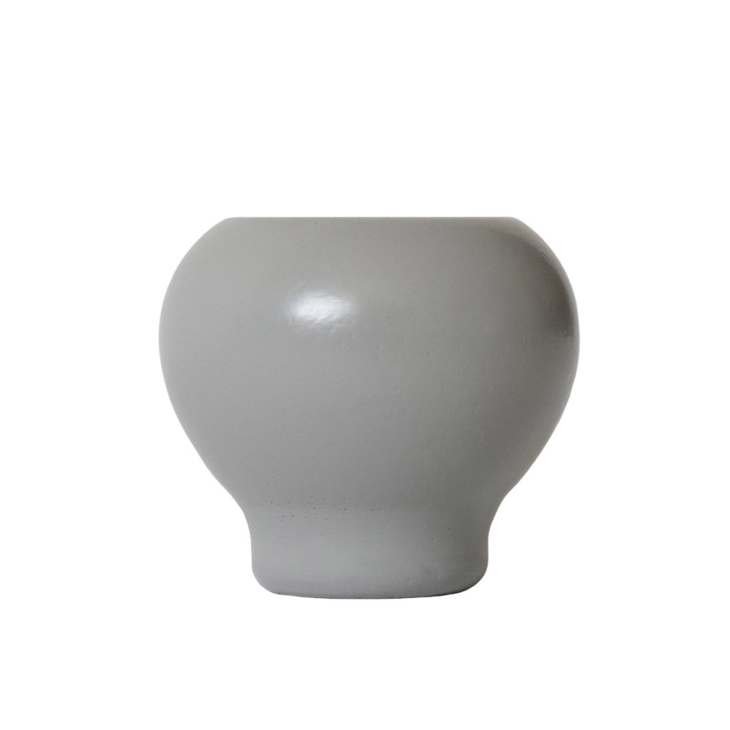 Round smoke gray ceramic vase with wide body, narrow base, and modern design on a plain white background.