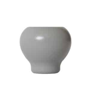 Round smoke gray ceramic vase with wide body, narrow base, and modern design on a plain white background.