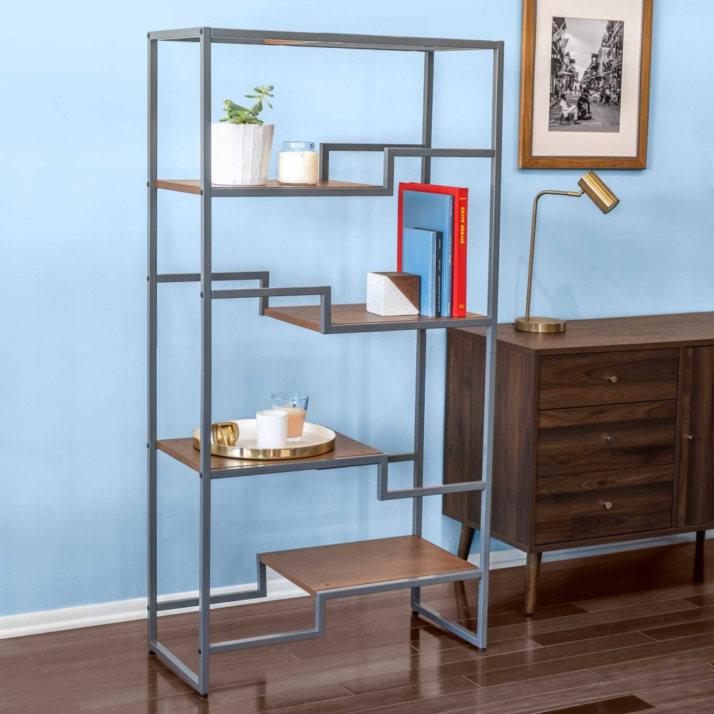 Metro Bookcase Gray Frame Walnut Platform