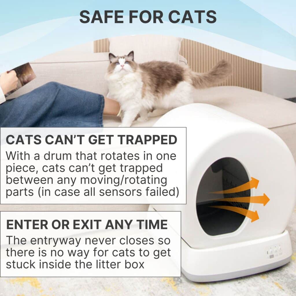 Cat sitting beside a white UB Pet Main Image 11 self-cleaning litter box with visible safety features.