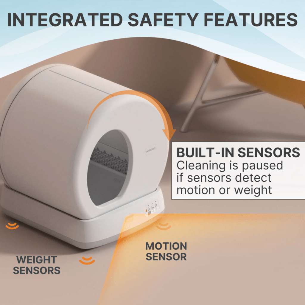 Modern self-cleaning litter box with clear labels for built-in weight and motion sensors on its surface.