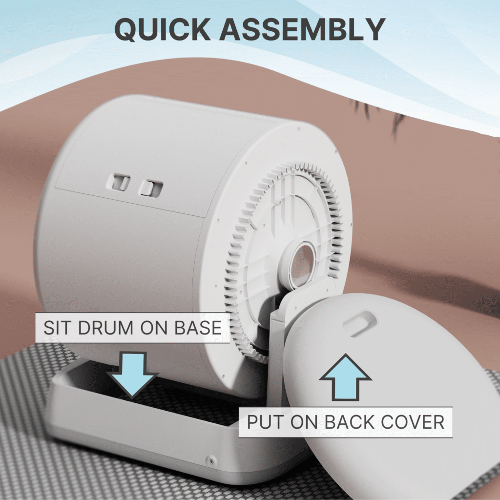 A cylindrical drum sits on a base labeled "SIT DRUM ON BASE"; an arrow points to the back cover labeled "PUT ON BACK COVER".