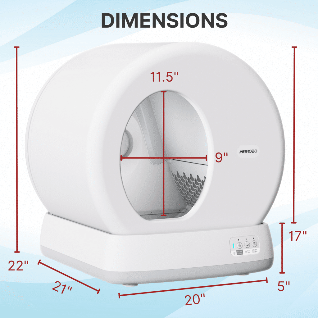 White self-cleaning litter box with circular entry, 22" H x 20" W x 27" D, base height 5", entry 11.5" x 9".