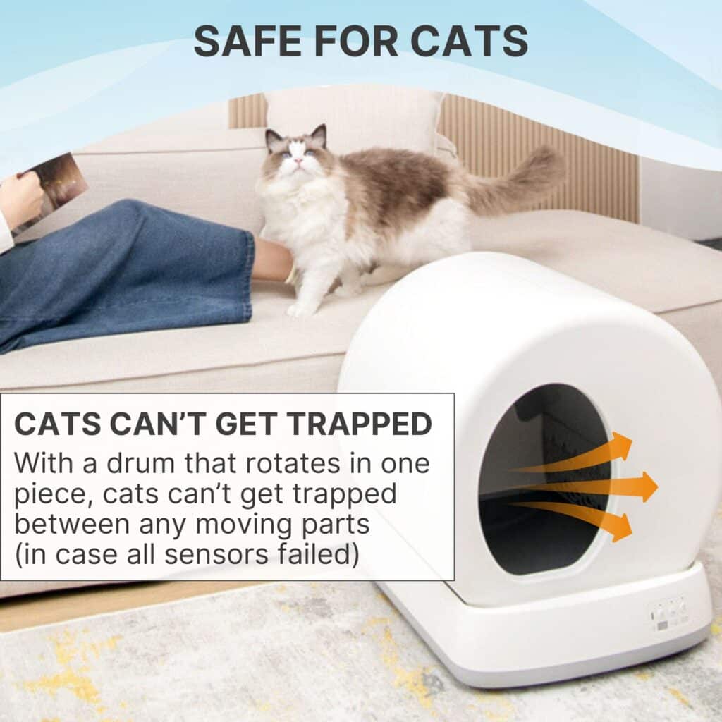 Cat on couch behind white UBPET self-cleaning litter box; arrows show rotating drum; text says it's safe for cats.