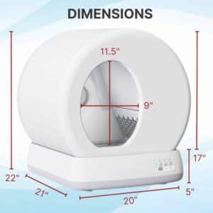White self-cleaning litter box with circular opening, control panel, and labeled dimensions: 27"x22"x17".